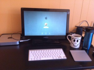 I moved the mac into the guest room for my workcation.  That's ~1L of coffee on the right there, in my homemade skull mug and Contigo travel mug.